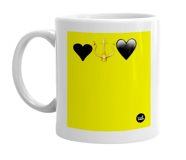 White mug with '❤️🔱🖤' in bold black letters