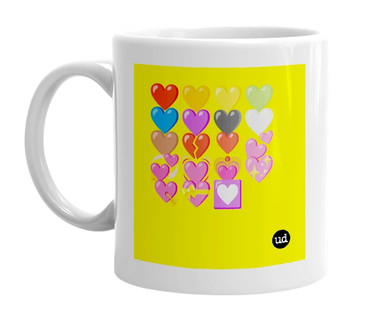 White mug with '❤️🧡💛💚💙💜🖤🤍🤎💔❣️💕💞💓💗💖💘💝💟' in bold black letters