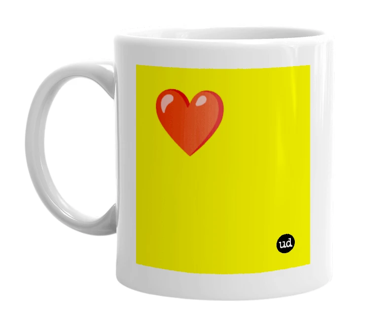 White mug with '❤️' in bold black letters