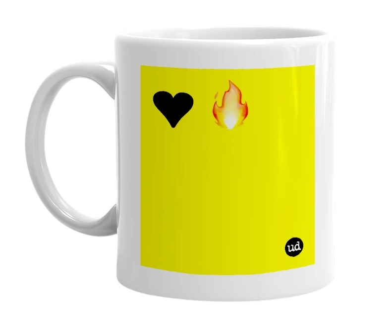 White mug with '❤️ 🔥' in bold black letters