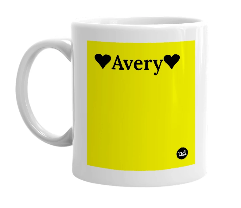 White mug with '❤️Avery❤️' in bold black letters