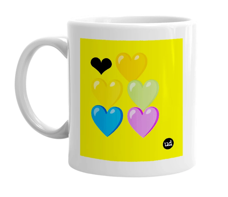 White mug with '❤🧡💛💚💙💜' in bold black letters