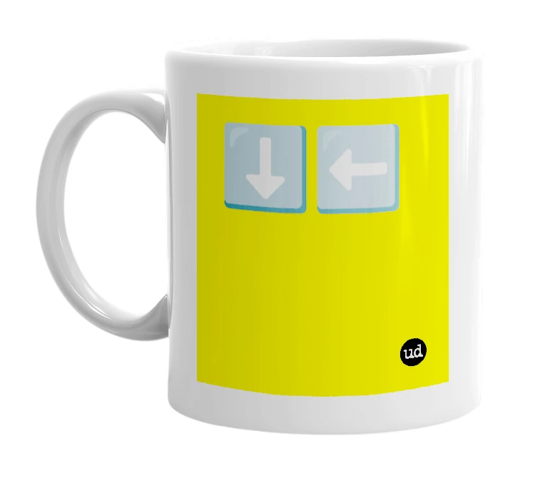 White mug with '⬇️⬅️' in bold black letters