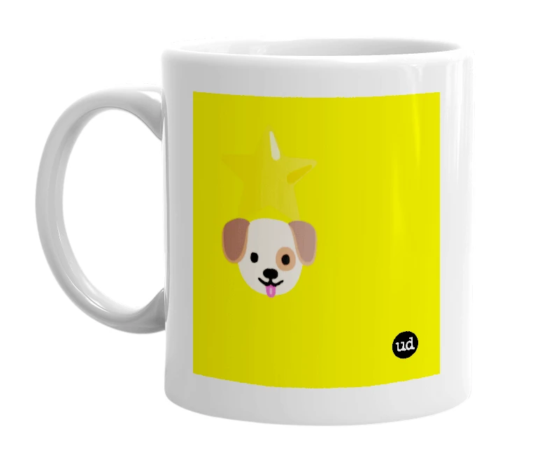 White mug with '⭐️🐶' in bold black letters