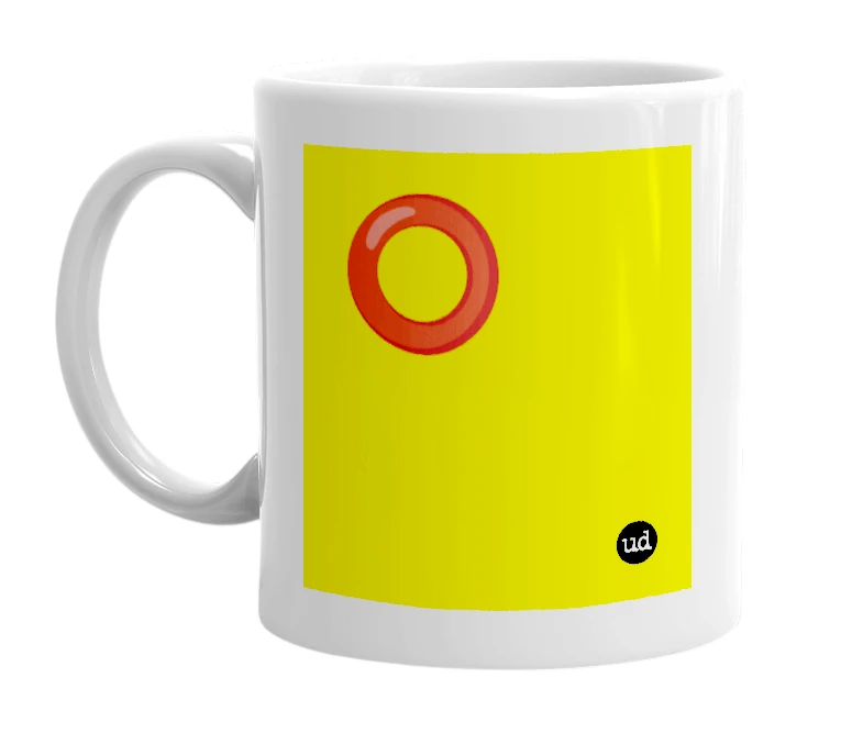 White mug with '⭕️' in bold black letters