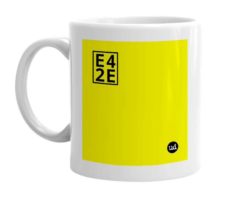White mug with '' in bold black letters
