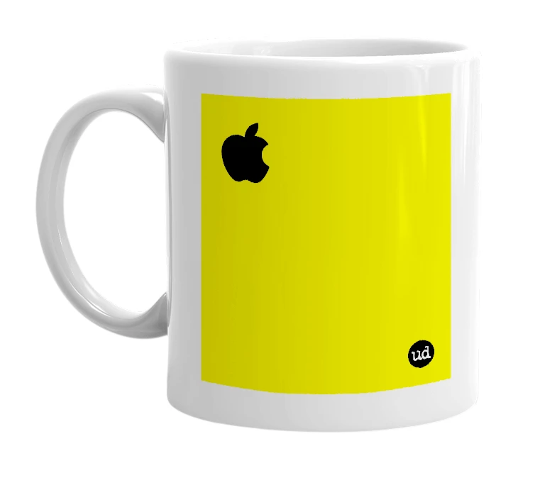 White mug with '' in bold black letters
