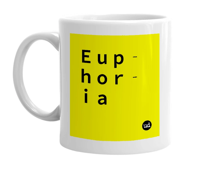 White mug with 'Ｅｕｐｈｏｒｉａ' in bold black letters