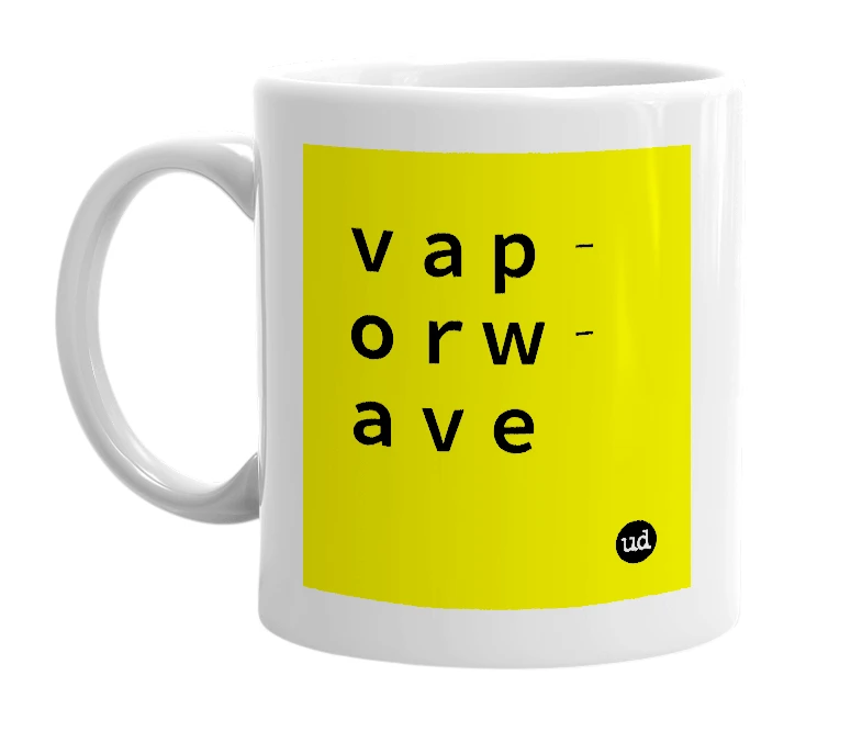 White mug with 'ｖａｐｏｒｗａｖｅ' in bold black letters