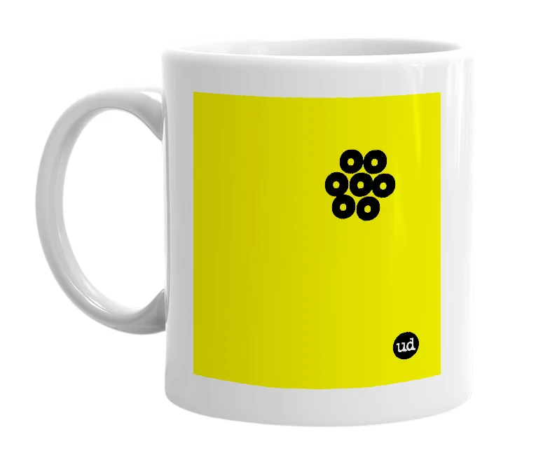 White mug with '𐩕' in bold black letters