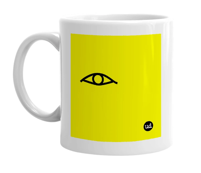 White mug with '𓁹' in bold black letters