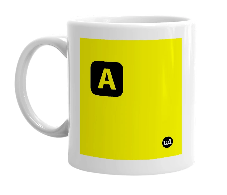 White mug with '🅰' in bold black letters