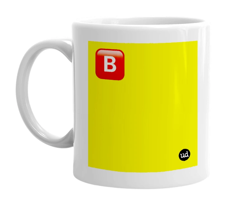 White mug with '🅱' in bold black letters
