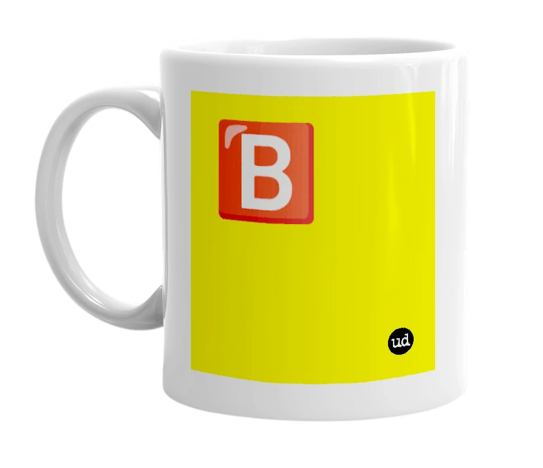 White mug with '🅱️' in bold black letters