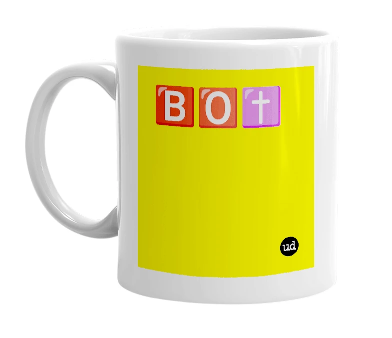 White mug with '🅱️🅾️✝️' in bold black letters