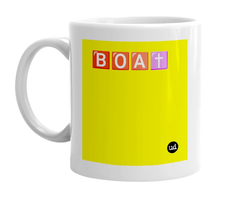 White mug with '🅱️🅾️🅰️✝️' in bold black letters