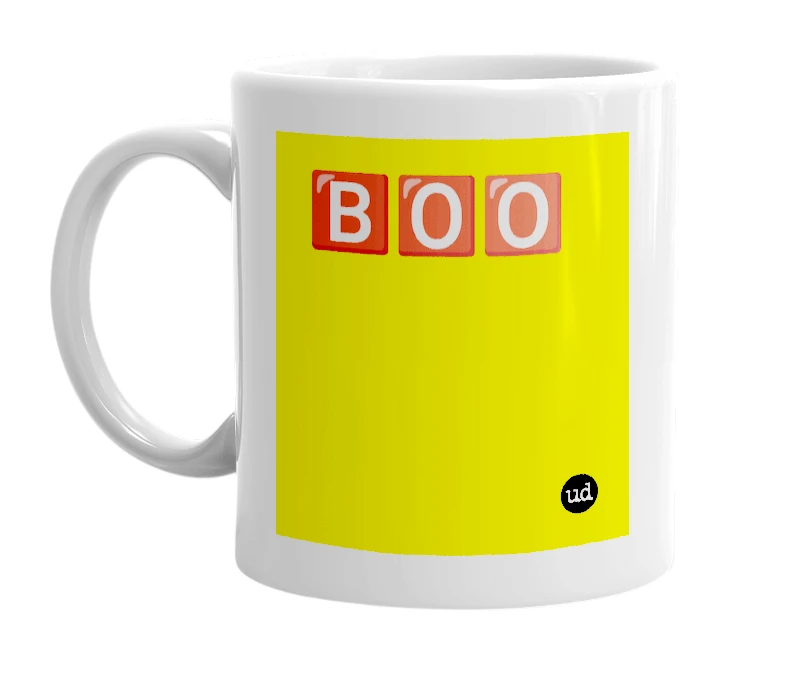 White mug with '🅱️🅾️🅾️' in bold black letters