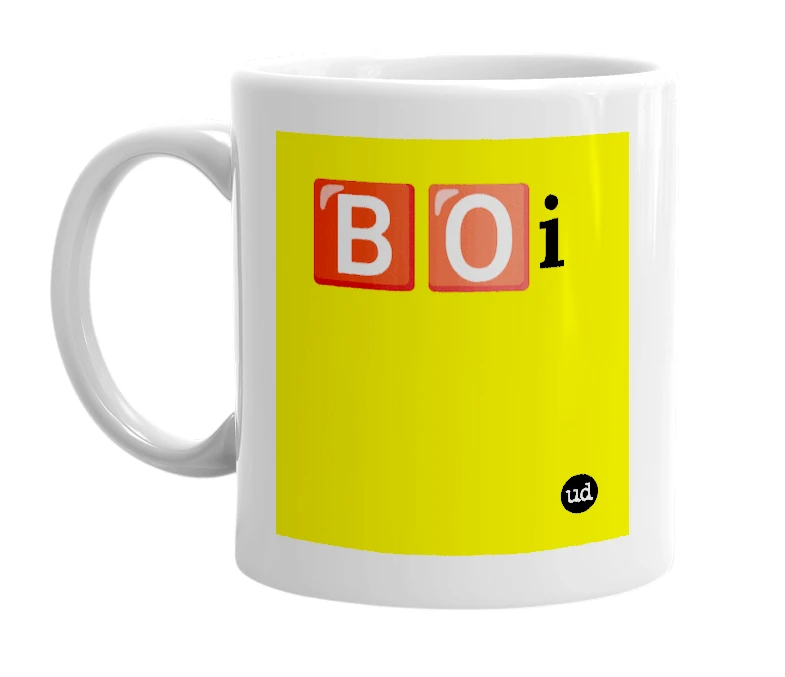 White mug with '🅱️🅾️i' in bold black letters