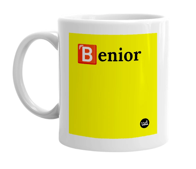 White mug with '🅱️enior' in bold black letters