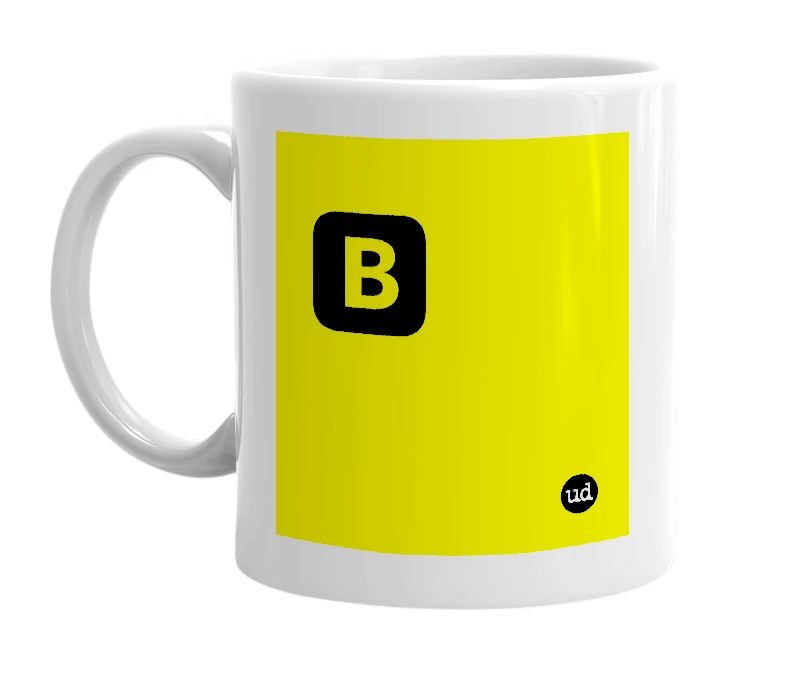 White mug with '🅱' in bold black letters