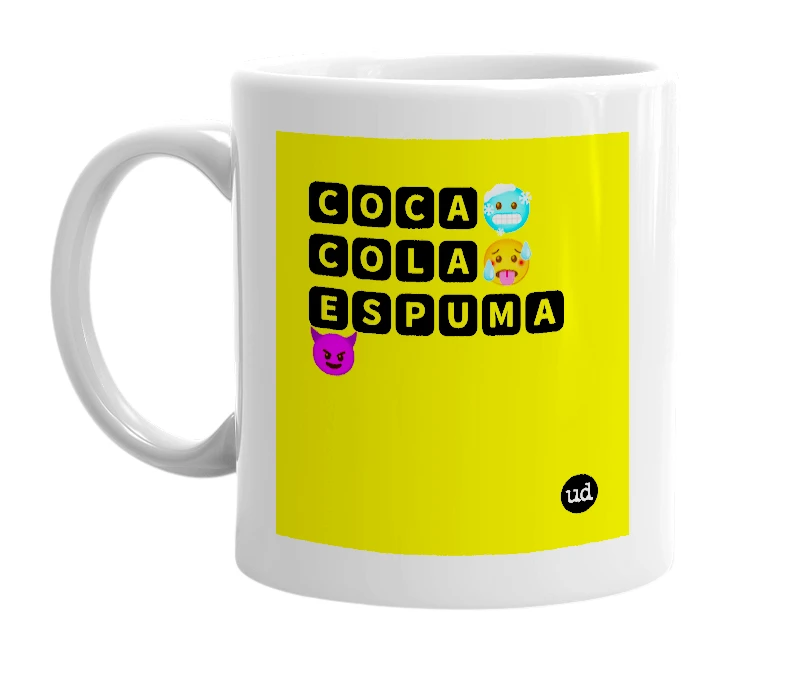 White mug with '🅲🅾🅲🅰🥶🅲🅾🅻🅰🥵🅴🆂🅿🆄🅼🅰😈' in bold black letters