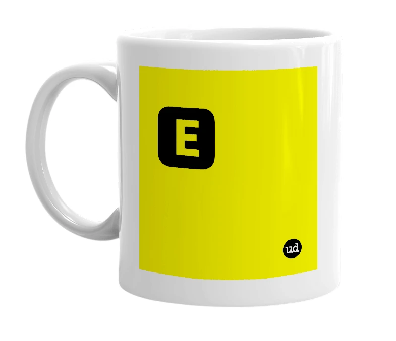 White mug with '🅴' in bold black letters