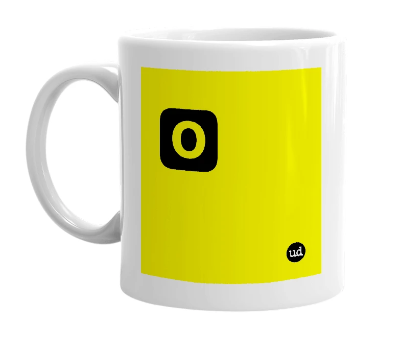 White mug with '🅾' in bold black letters