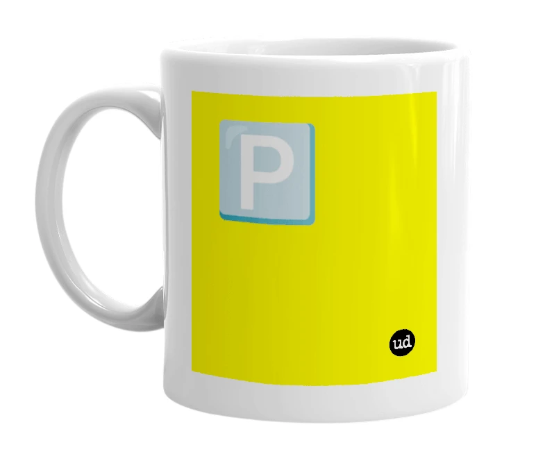 White mug with '🅿️' in bold black letters