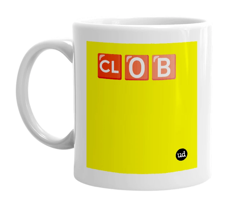White mug with '🆑🅾️🅱️' in bold black letters