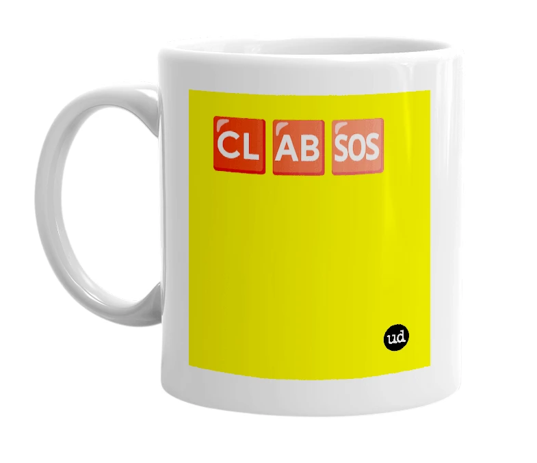 White mug with '🆑🆎🆘' in bold black letters
