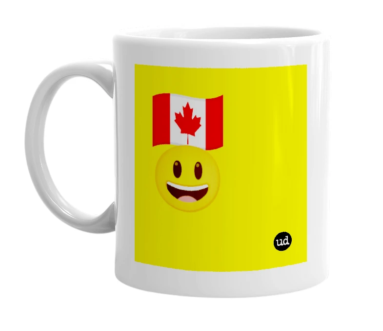 White mug with '🇨🇦😃' in bold black letters