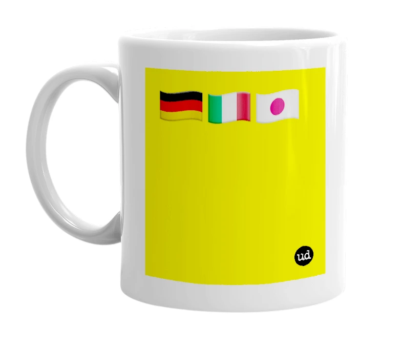 White mug with '🇩🇪🇮🇹🇯🇵' in bold black letters