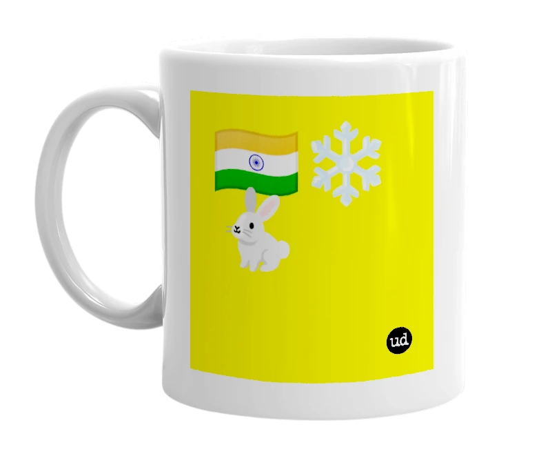White mug with '🇮🇳❄️🐇' in bold black letters