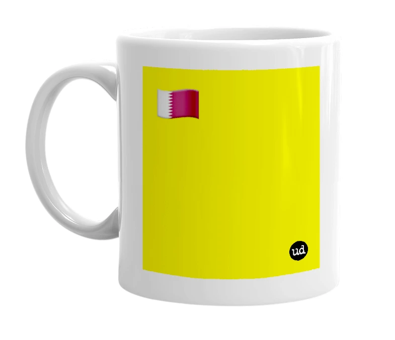 White mug with '🇶🇦' in bold black letters