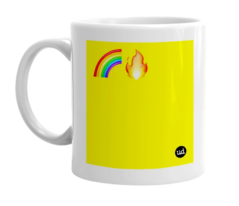 White mug with '🌈🔥' in bold black letters