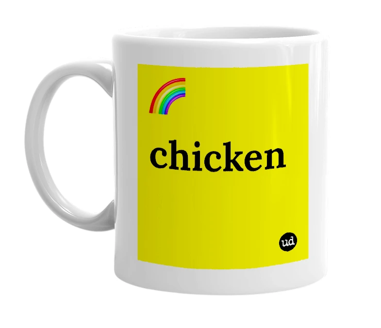 White mug with '🌈 chicken' in bold black letters