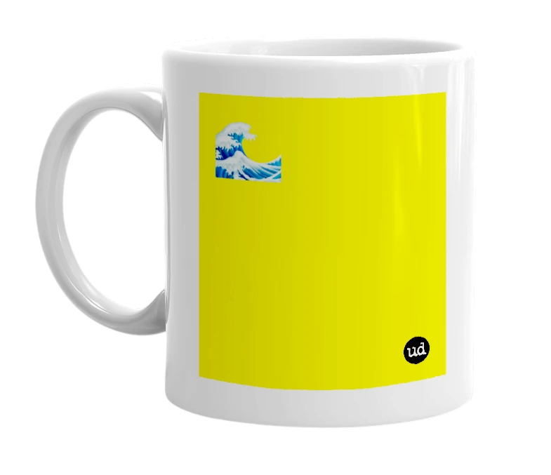 White mug with '🌊' in bold black letters