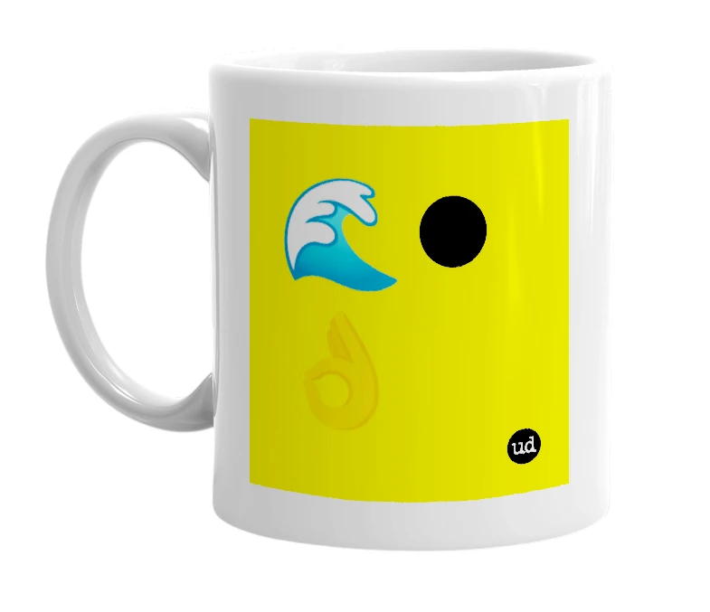 White mug with '🌊⏺👌' in bold black letters