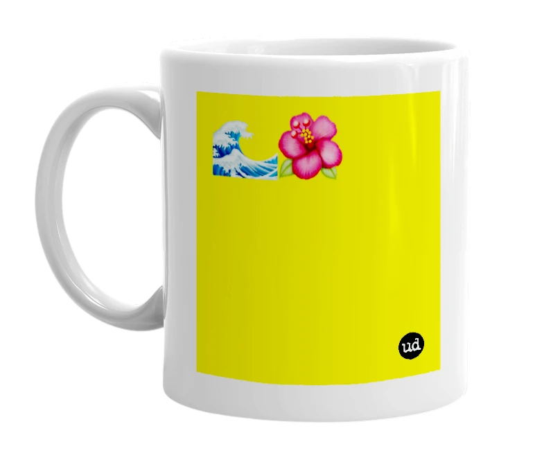 White mug with '🌊🌺' in bold black letters