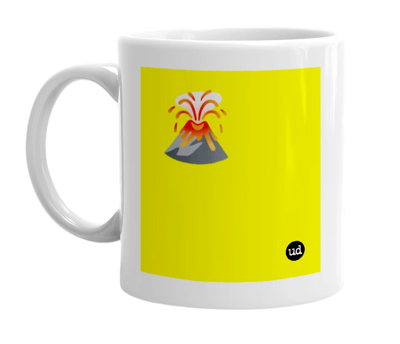 White mug with '🌋' in bold black letters