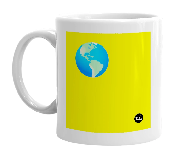 White mug with '🌎' in bold black letters