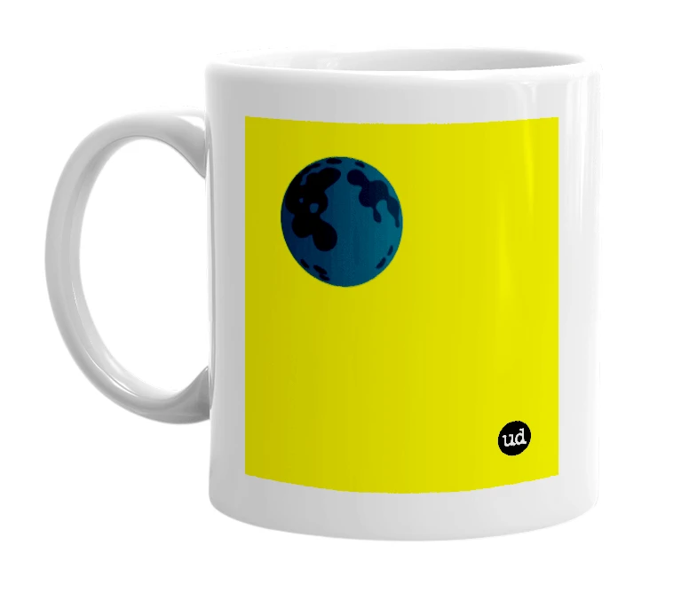 White mug with '🌑' in bold black letters