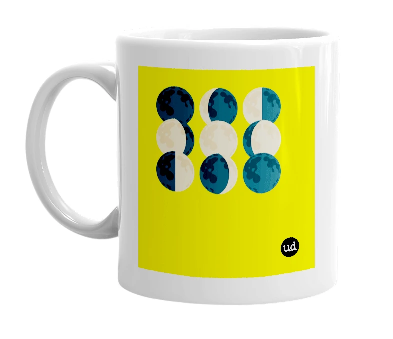 White mug with '🌑🌘🌗🌖🌕🌔🌓🌒🌑' in bold black letters
