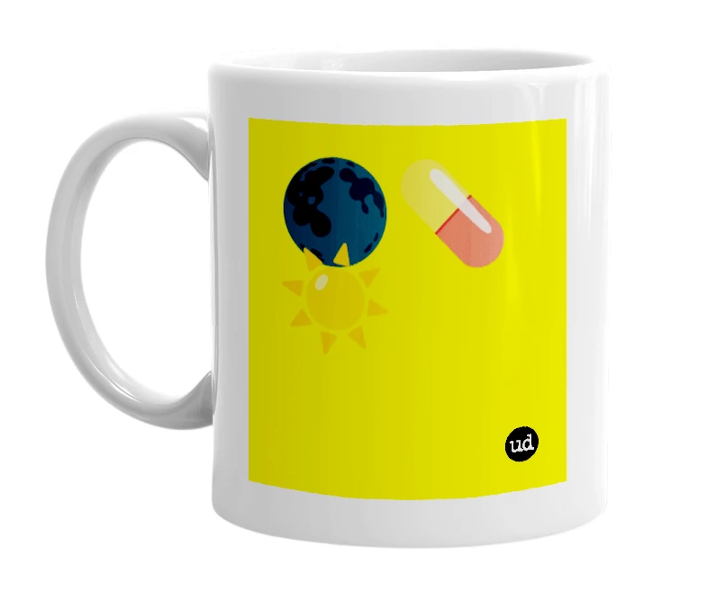 White mug with '🌑💊☀️' in bold black letters