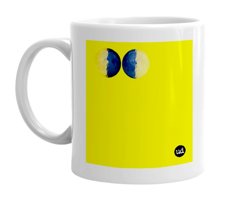 White mug with '🌗🌓' in bold black letters