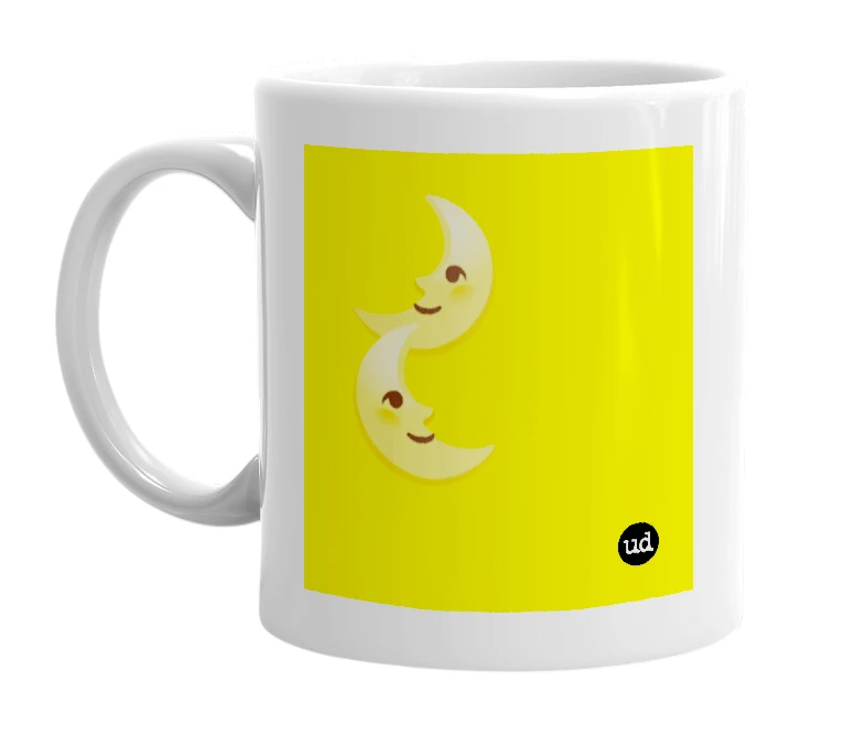 White mug with '🌛🌜' in bold black letters