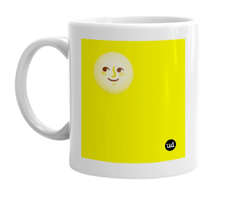 White mug with '🌝' in bold black letters