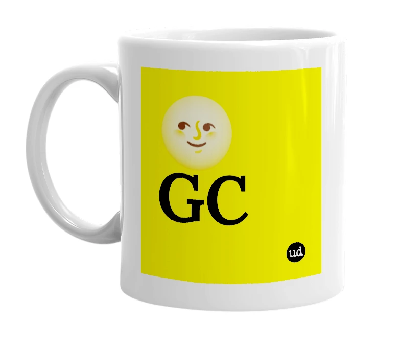 White mug with '🌝 GC' in bold black letters
