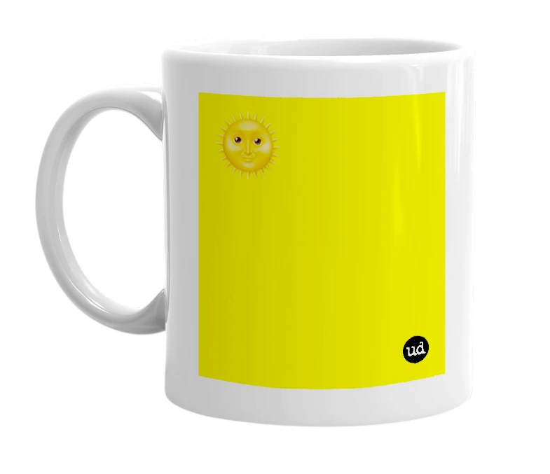 White mug with '🌞' in bold black letters