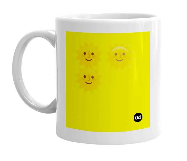 White mug with '🌞🌞🌞' in bold black letters